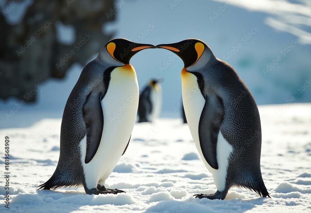 Fototapeta premium Pair of penguins touching beaks in snow