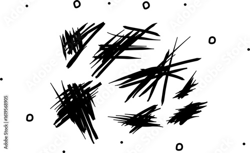 Black grunge strokes, sketch. Crossed out, scribbles, hashes, crosses. Kit of illustration. Template hand painted set for design.  Vector modern new