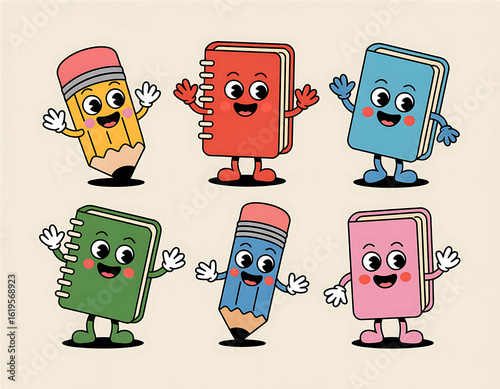 Retro cartoon characters of a happy pencil and books waving hello on a light background