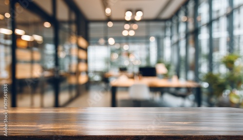 Wallpaper Mural Blurred modern office interior on a wooden table (1) Torontodigital.ca