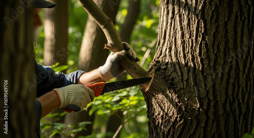 A person with gloves using a hand saw to prune a tree in the forest
