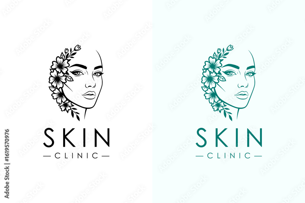 Naklejka premium illustration of woman's face with abstract floral on the side, vector logo for glowing skin, skin care, skin specialist, skin clinic, luxury facial spa, cosmetics brand, dermatologist, and more