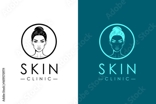 illustration of woman's face with pulled back hair, icon, vector logo for dermatologist, acne, skin clinic, anti aging, luxury facial spa, cosmetics brand, skin specialist, skin care, and more