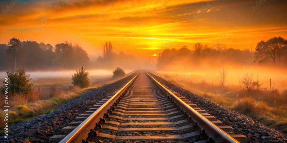 Fototapeta premium Warm orange glow over railway tracks with silvery fog at dawn