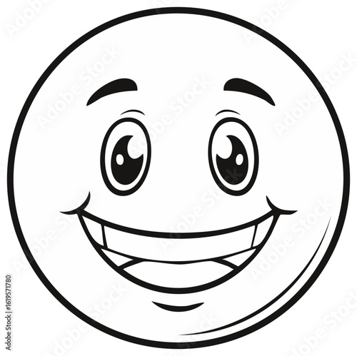 Joyful cartoon face with wide smile and expressive eyes, black and white illustration