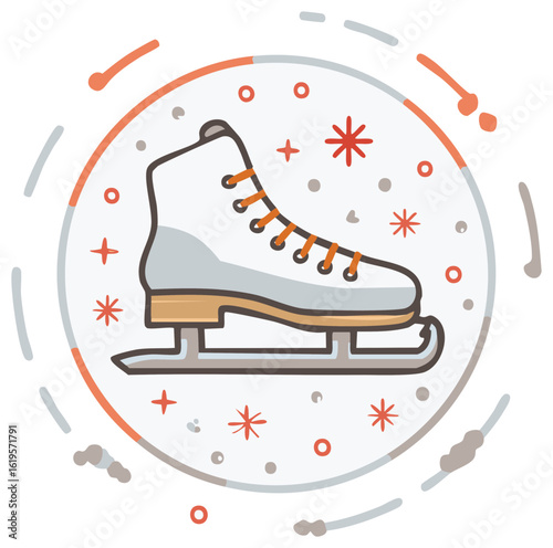 Winter ice skate illustration with orange laces and festive abstract snowflake elements in a circular frame