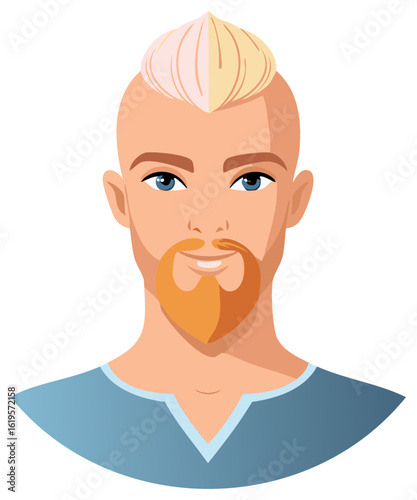 Stylized portrait of a young man with a blond mohawk and a beard wearing a blue tunic
