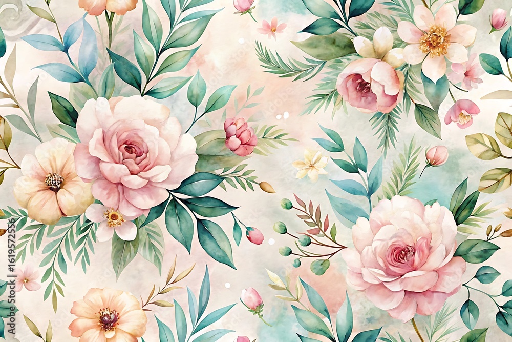 Fototapeta Floral pattern with pink flowers and green leaves