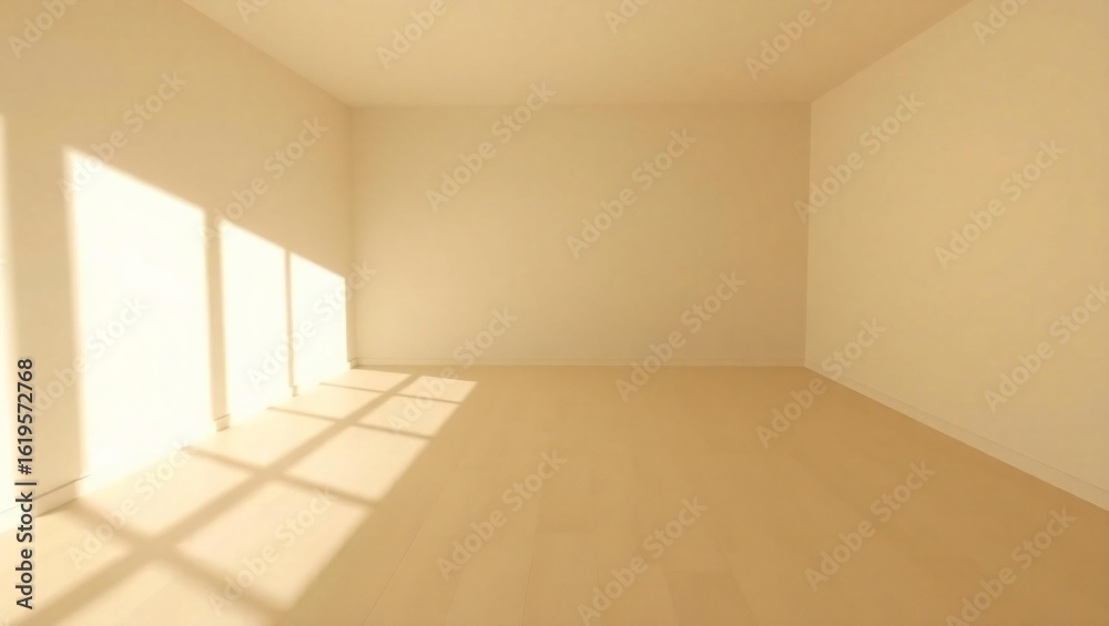 Fototapeta premium Empty bright room with sunlight streaming through large windows