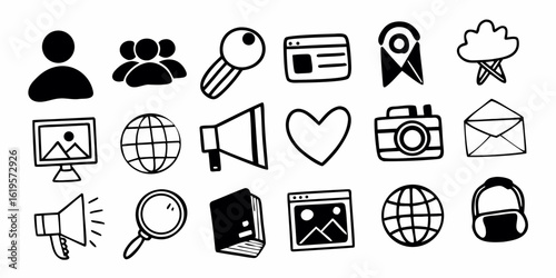 Illustration with a person icon, group icon, key, browser, location pin, cloud, computer, and globe icon