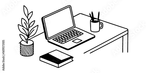 Illustration of a desk with a laptop plant book and mug in a minimalist black and white style drawing