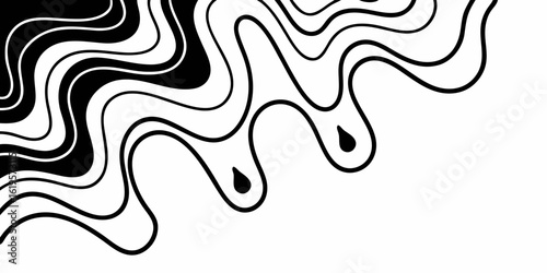 Black and white abstract wavy lines pattern with some droplet shapes in the upper left corner area