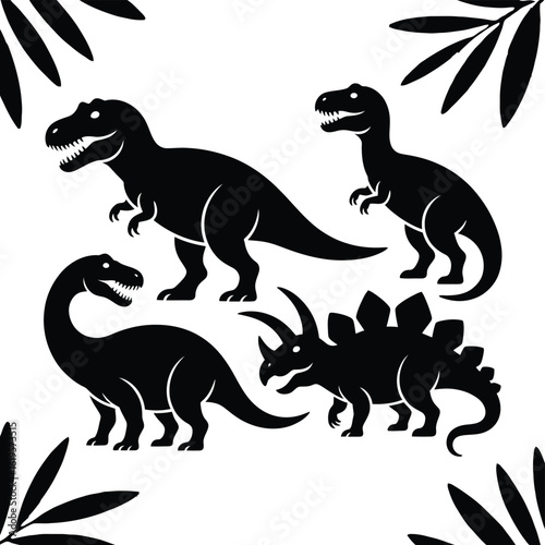 Black dinosaur silhouettes with foliage accents white