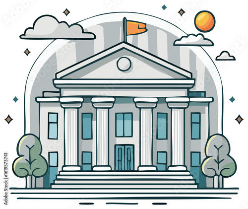 Classical Government Building Facade with Columns and Flag