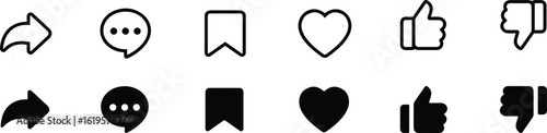 Set of Black Social Media Engagement Icons, Including Share, Comment, Save, Like, Thumbs Up, and Thumbs Down, Flat Vector Illustration