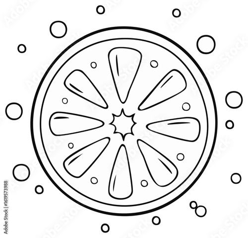 Simple Line Art Illustration of a Fresh Citrus Slice with Fizzy Bubbles
