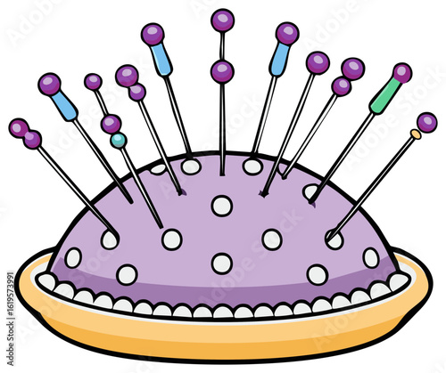 Vector illustration of a purple polka dot pincushion full of colorful sewing pins for crafting and tailoring