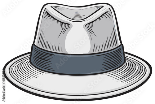 Vintage fedora hat illustration, retro gangster fashion accessory design.