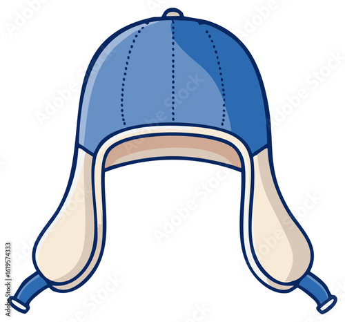 Cartoon winter hat with ear flaps in blue and white for cold weather