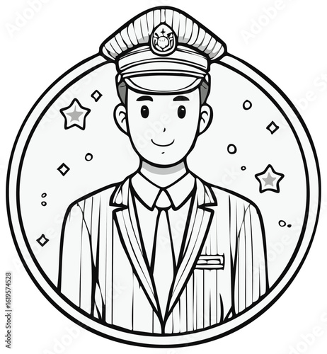 Cartoon style illustration of a security officer in uniform with stars and circles