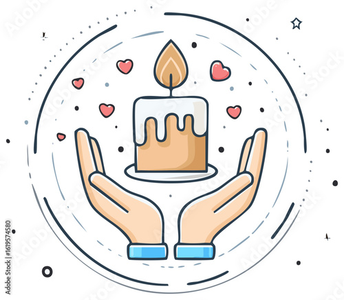 Candle Held in Hands with Hearts in Sketch Style Showing Love and Care for Light and Hope