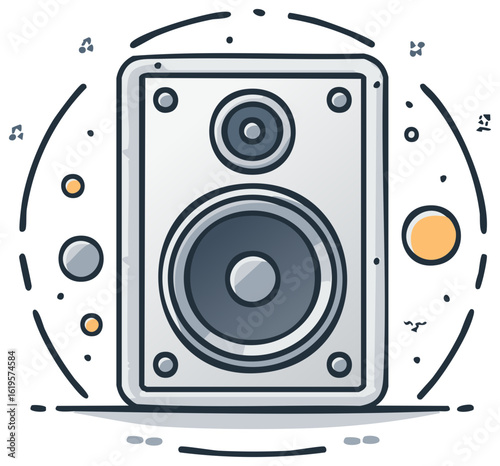 Illustration of a gray speaker with music notes and decorative elements