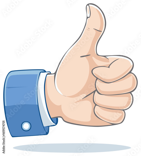 Cartoon hand with thumbs up gesture, good sign, approval and agreement