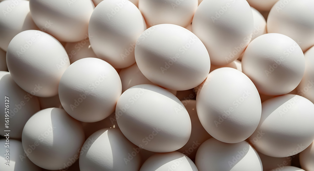 Fresh pile of white eggs stacked together closeup for food and breakfast Fresh pile of white eggs stacked together closeup for food and breakfast