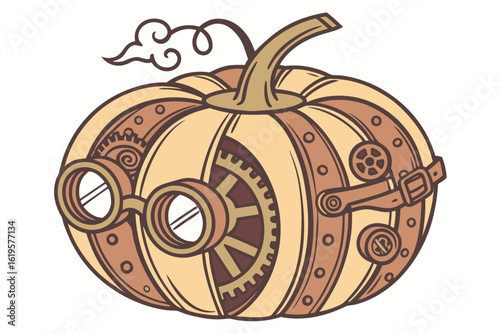 Steampunk pumpkin with goggles and gears cogs clockwork