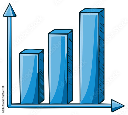 Upward trending blue bar chart graphic with hand drawn style and arrow axis