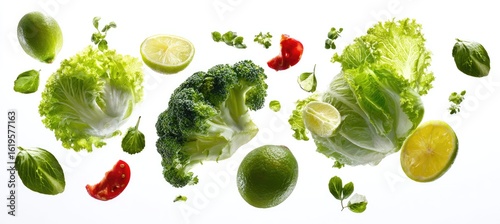 Fototapeta Naklejka Na Ścianę i Meble -  Vibrant green vegetables and citrus fruits float against a white background