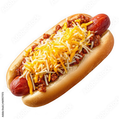 chili dog with cheese on white background
