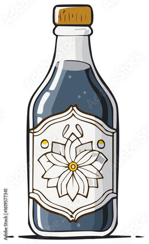 Vintage glass bottle of dark soda with an ornate floral label cartoon illustration