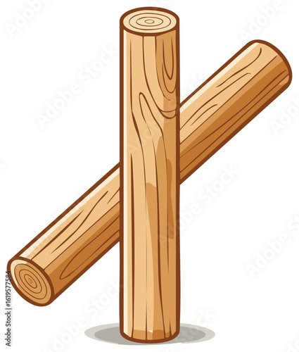 Two crossed wooden logs with wood grain texture in a cartoon style