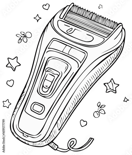 Modern electric shaver with decorative elements, black lines, personal care, line art, doodle style