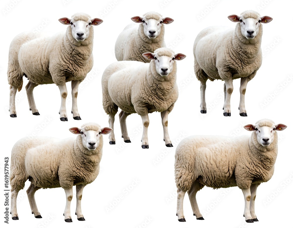 Fototapeta premium Five sheep in a row against white background