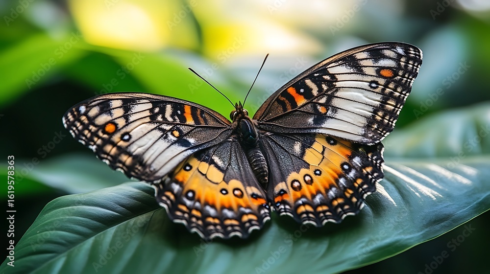 Fototapeta premium Close-up of a butterfly resting on a leaf.