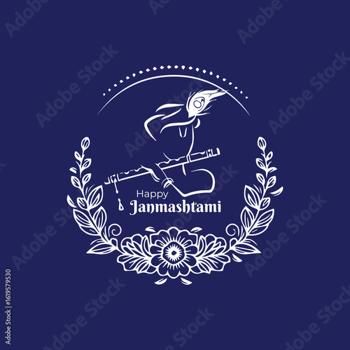 Happy Janmashtami festival poster template, Greeting background for Hindu festival Krishna Janmashtami (birth of Lord Krishna), Happy Janmashtami festival typographic vector design with text