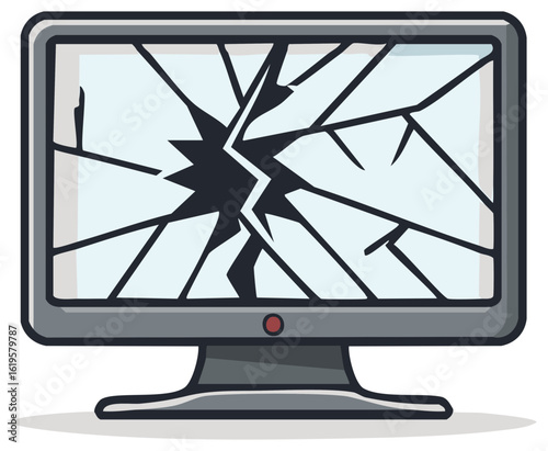 Cracked computer monitor cartoon style, symbol of damage or system failure