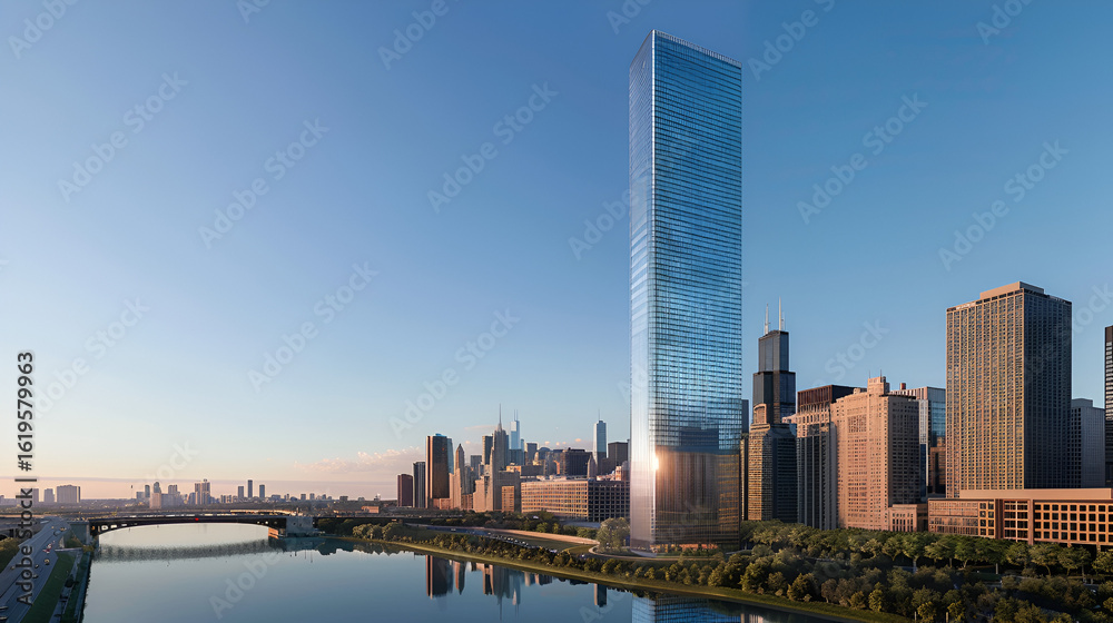 Naklejka premium A cityscape view featuring a tall skyscraper alongside a river and an arched bridge during daytime light .