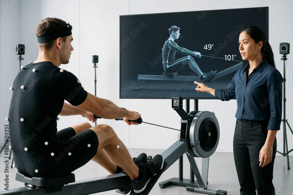 Athlete in motion capture suit using rowing machine while trainer analyzes biomechanics data on screen in modern sports science lab setup. Ai generative