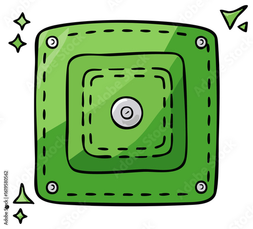 Stylized Green Pocket Illustration with Sewn Edges, Button Detail and Shine Accents