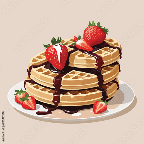 Belgian waffles topped with fresh strawberries and syrup drizzle