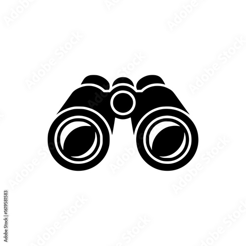 Binoculars Icon: A bold, black and white vector illustration of binoculars, ideal for navigation, exploration, or travel themes. Simple, clean design.