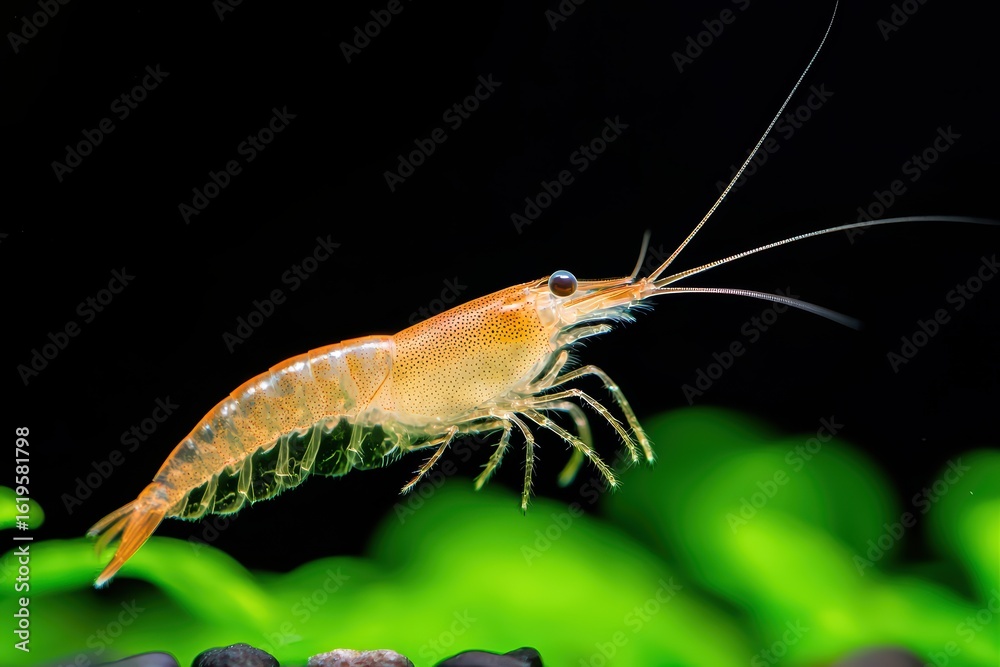 Vibrant Transparent Shrimp Swimming in Freshwater Tank Vibrant Transparent Shrimp Swimming in Freshwater Tank