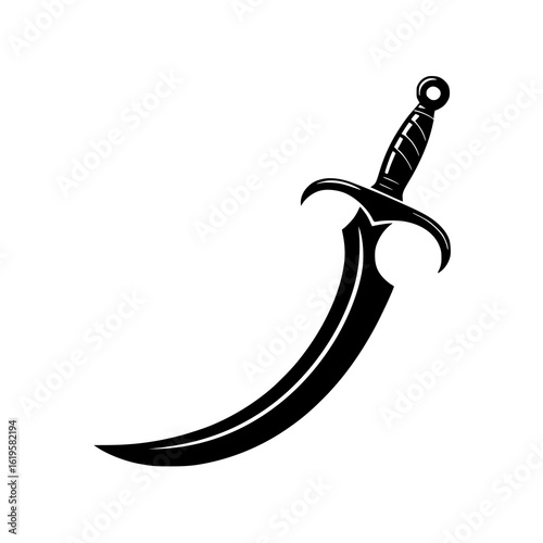 Elegant Scimitar: A sleek black and white line art illustration of a curved scimitar, showcasing its intricate details and sharp blade against a white background.