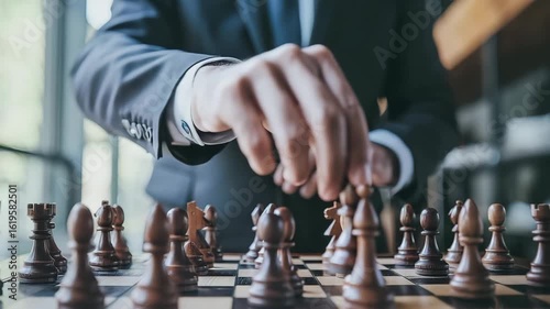 Chess strategy game with wooden board and pieces, player’s hand planning moves in focused business competition setting