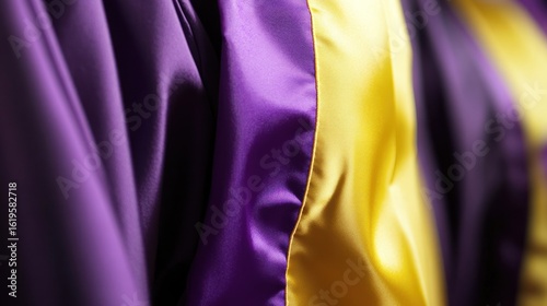 Close-up of graduation gowns, purple and gold fabric.