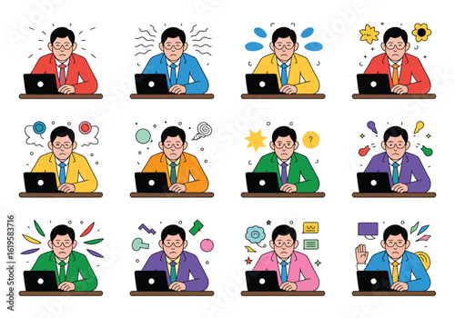 Cartoon Businessman Expressing Different Emotions While Working On Laptop Demonstrating Work Stress And Emotional Rollercoaster In Modern Business Environment