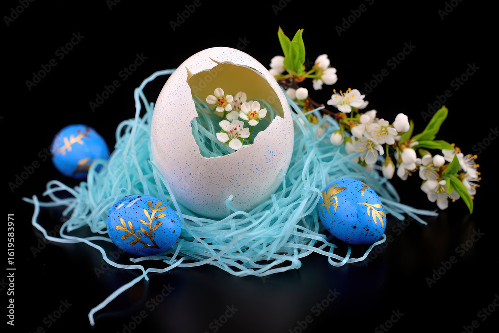 Fototapeta premium Decorated blue and gold easter eggs in a nest with a cracked white egg and spring blossoms